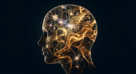 Ai  Double Exposure Silhouette of Human Head with Glowing Golden Neural Networks and Artificial Intelligence Circuits on Black Background