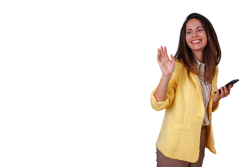 Professional woman greeting and waving hand while holding mobile phone, happy and friendly gesture on transparent background