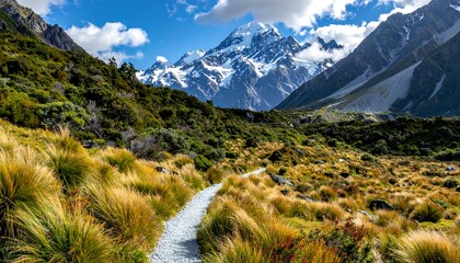 A scenic mountain valley with a gravel path leading towards snow-capped peaks.