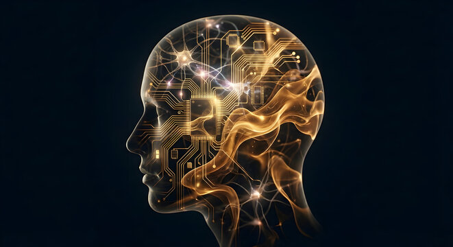 Ai  Double Exposure Silhouette of Human Head with Glowing Golden Neural Networks and Artificial Intelligence Circuits on Black Background