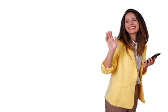 Professional woman greeting and waving hand while holding mobile phone, happy and friendly gesture on transparent background
