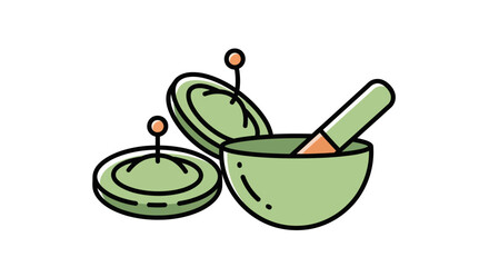 Minimalist green cosmetic jar with applicator and lid on white backgro