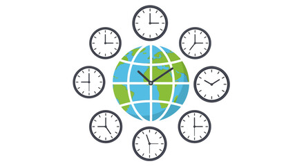 Global time zone concept with clocks surrounding earth illustration