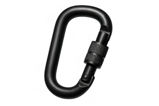 Black screwgate carabiner clip on a transparent background, showing equipment for climbing, safety, and adventure