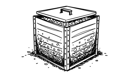 Hand-drawn compost bin illustration: sustainable organic waste solutio