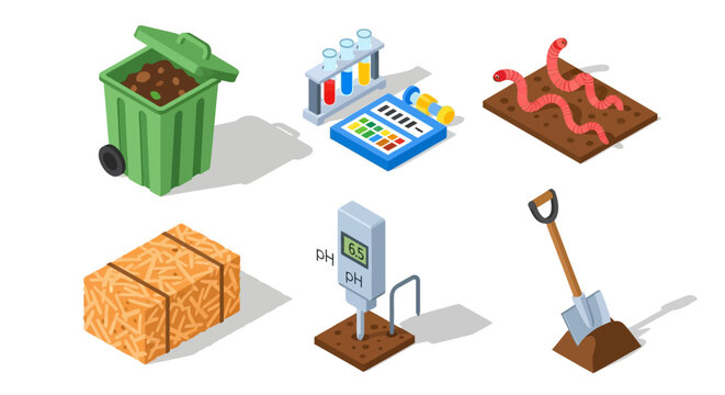 Eco-friendly composting tools and materials in isometric design - Powered by Adobe