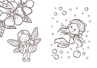Fototapeta premium Kawaii Line Art Illustrations for Kids. Set of cute kawaii coloring pages with a mermaid and a fairy character. Kawaii Clipart perfect for kids activities, printable coloring sheets, books