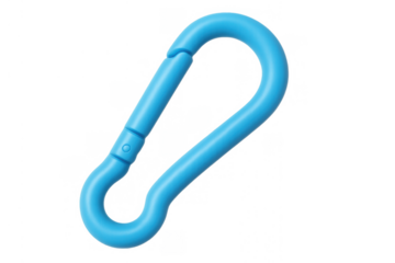 Blue plastic carabiner clip, a simple snap hook for attaching climbing gear, backpacks, or keychains. Isolated 3d render