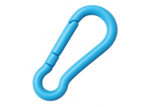 Blue plastic carabiner clip, a simple snap hook for attaching climbing gear, backpacks, or keychains. Isolated 3d render
