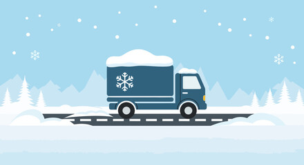 Delivery truck in winter landscape with snowflakes and mountains