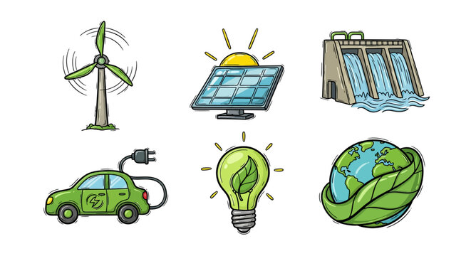 Renewable energy icons: wind solar hydropower electric car in carto