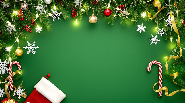 A festive Christmas holiday border composed of glowing string lights, pine branches, and traditional ornaments on a vibrant green background