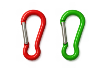 Red and green carabiners for climbing and outdoor activities, safety equipment for adventurer and sport enthusiast