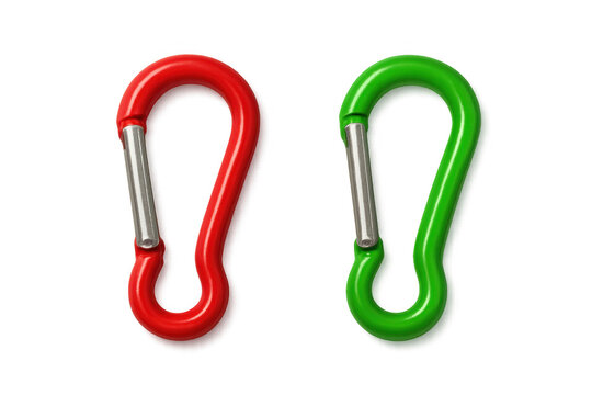 Red and green carabiners for climbing and outdoor activities, safety equipment for adventurer and sport enthusiast