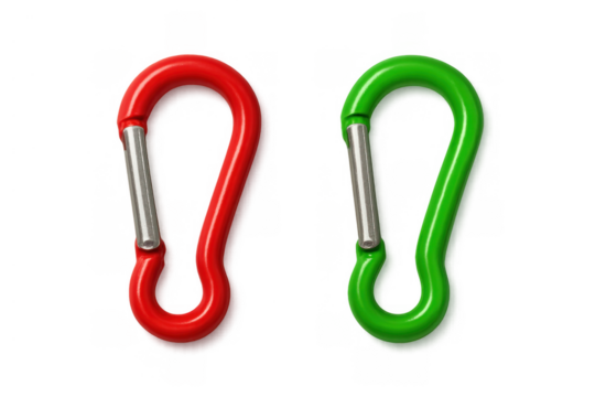 Red and green carabiners for climbing and outdoor activities, safety equipment for adventurer and sport enthusiast
