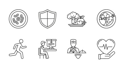 Health and wellness icons: simple line designs for nutrition fitness