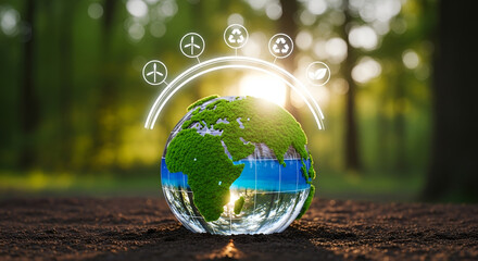 Glass earth globe with mossy continents and water surrounded by white eco icons embodying environmental responsibility and global nature preservation