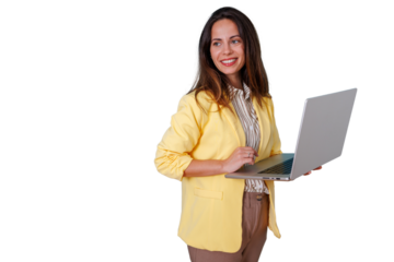 Confident businesswoman wearing a yellow blazer, using a laptop and smiling happily, working on a transparent background