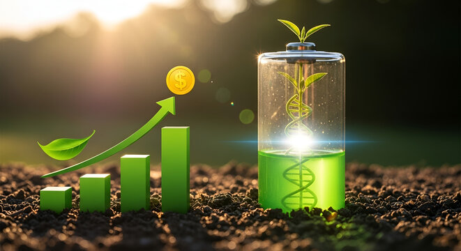 A green bar graph showing an upward trend in financial returns from sustainable and environmentally friendly business strategies