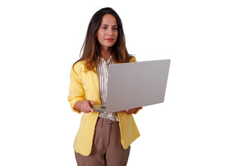 Naklejka premium Young businesswoman with a yellow blazer holding a laptop, standing and working, doing online tasks. Transparent background