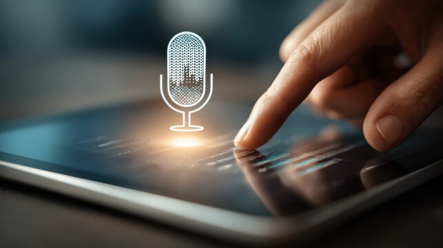 Human finger interacts with illuminated digital microphone icon displayed on a dark electronic tablet screen