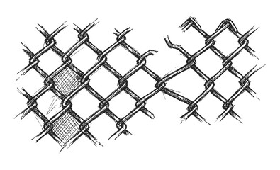 Sketch Style Detailed Chain link Fence with Hole Security Illustration