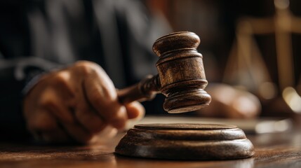 Wooden gavel hovers above sounding block ready for auction or judgment
