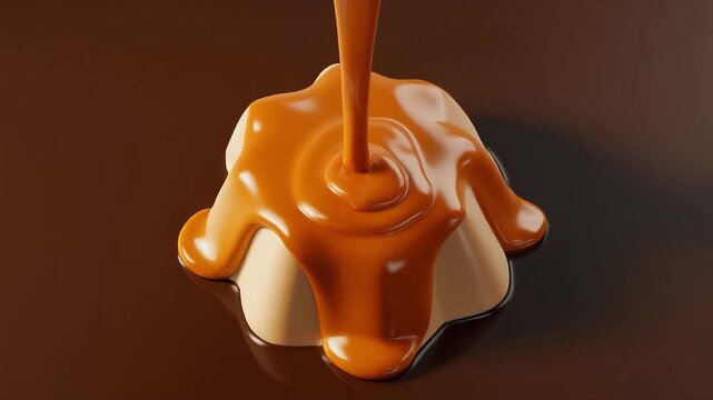 3D animation of caramel pouring over a jiggling pudding for a delicious and smooth dessert scene.