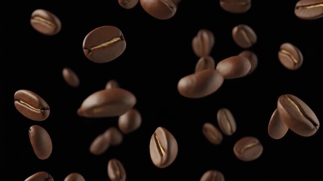 3D animation of coffee beans floating and slowly falling, highlighting the rich, aromatic experience of coffee.