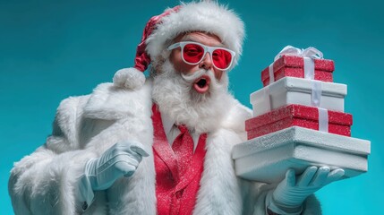 Cool Modern Santa Claus with Red Sunglasses Holding Gifts on Blue Studio Background