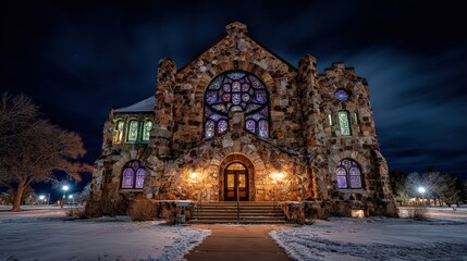 Fototapeta premium Stone religious edifice illuminated at night with colorful stained glass windows above snowy ground