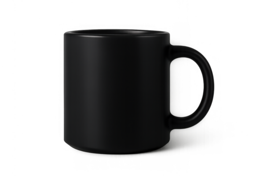 Black ceramic mug standing on a transparent background, ready for custom design, branding, and advertising mockups