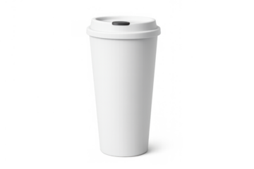 White disposable paper cup with a black lid, ideal for takeaway coffee, tea, or any hot beverage, featuring a clear background