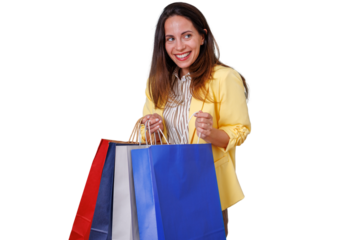 Happy woman holding many shopping bags, enjoying active retail therapy and consumerism on transparent background