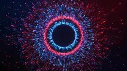 Red and blue particles swirl to form a glowing circular ring, creating a dynamic, energetic, and mesmerizing visual of motion, energy flow, and vibrant neon-like digital abstraction