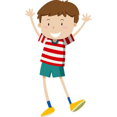Happy Young Boy with Brown Hair Wearing Red and White Striped T-shirt and Teal Shorts Jumping with Arms Raised in Excitement Isolated on White Background