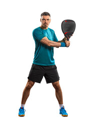 Fototapeta premium Padel player isolated on white background. Full body view. Open social tour template. Paddle tennis template for social media design with copy space.