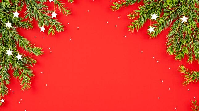 Christmas holiday background with fir tree branches, white stars, and snow on a vibrant red backdrop. Festive winter banner with copy space
