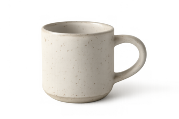 Beige ceramic stoneware mug showing speckles, an empty cup for holding coffee or tea, isolated with a transparent background