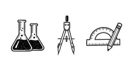 Educational tools sketch featuring compass beaker and protractor art