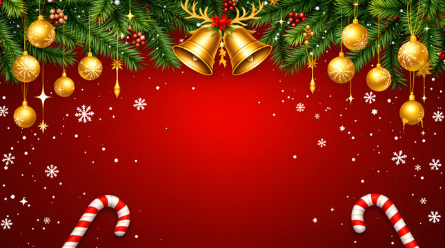 Festive red background with decorative green pine branches, golden bells, glittering ornaments, falling snowflakes, and classic candy canes, ideal for winter holiday greetings