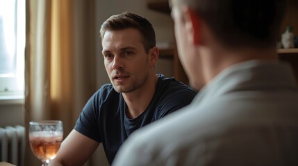 Heartfelt conversation between two young men sitting in a softly lit room, capturing an intimate moment of connection, emotion, and trust as natural daylight filters through the window behind them