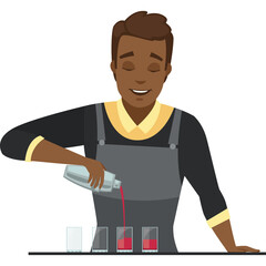 Smiling Black Man Bartender Pouring Red Drink from Shaker into Glasses in a Bar with Transparent Background