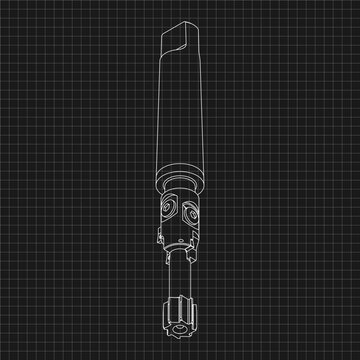 Mechanical engineering drawings. Tap tools, borer. Technical Design. Cover. Blueprint. Step Cutting Tool with Countersinking Function. Technical 3D Vector Illustration