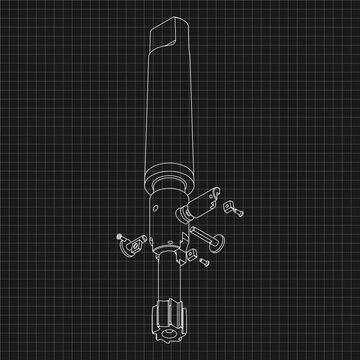 Mechanical engineering drawings. Tap tools, borer. Technical Design. Cover. Blueprint. Step Cutting Tool with Countersinking Function. Technical 3D Vector Illustration