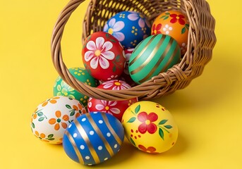 Fototapeta premium Colorful Easter Eggs Spilling From Basket on Yellow. Generative Ai