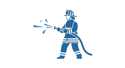 Simple blue silhouette of firefighter using hose