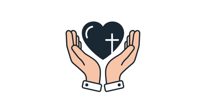 Linear style hands holding heart with christian cross symbol for spiritual concepts