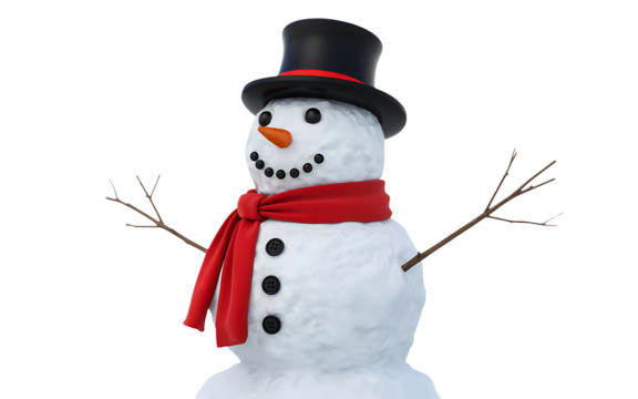 A cheerful snowman wearing a black top hat and a bright red scarf, isolated on transparent background