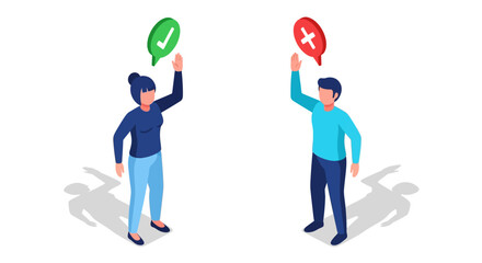 Isometric style decision making: yes or no concept with people and symbols